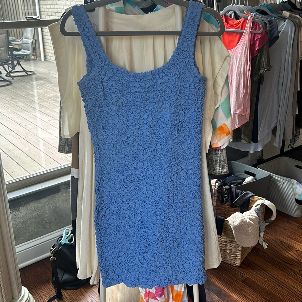 Blue stretchy smocked mini dress